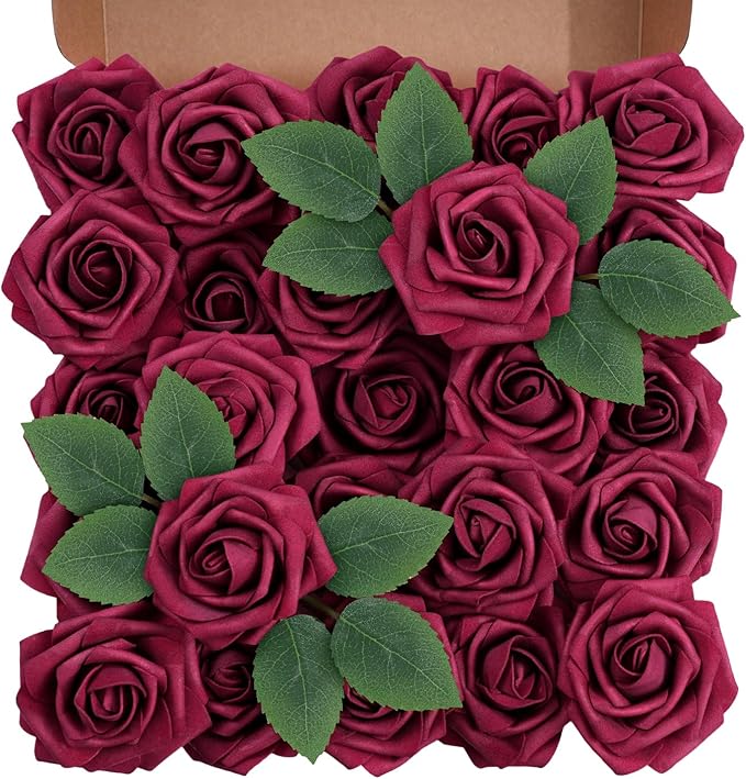 Artificial Flowers Foam Fake Roses 25pcs Dark Red Roses with Stems for Home Decor DIY Wedding Bouquets Party Bridal Shower Centerpieces Faux Flower Arrangements Tables Decorations