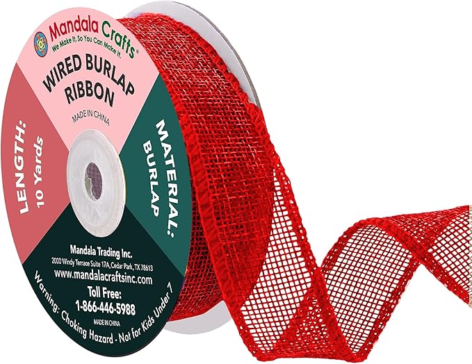 Mandala Crafts Red Burlap Wired Ribbon 1 Inches Wide Jute Ribbons for Crafts - 10 Yds Roll Rustic Burlap Wrap Trim Ribbons for Wreaths Bows Party Decoration