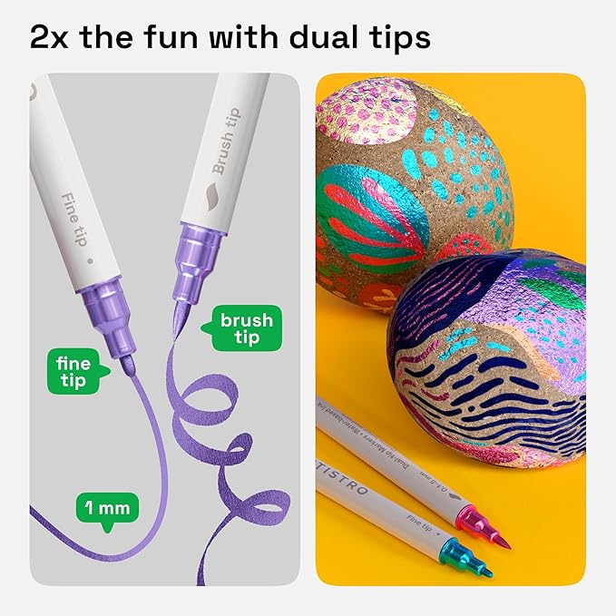 ARTISTRO 24 Metallic Dual Tip Brush + Fine Acrylic Paint Markers - Easy for All Ages & Levels Paint Pens for Fabric, Rock, Glass, DIY - Halloween Pumpkin Painting Kit, Art Supplies, Christmas Gift