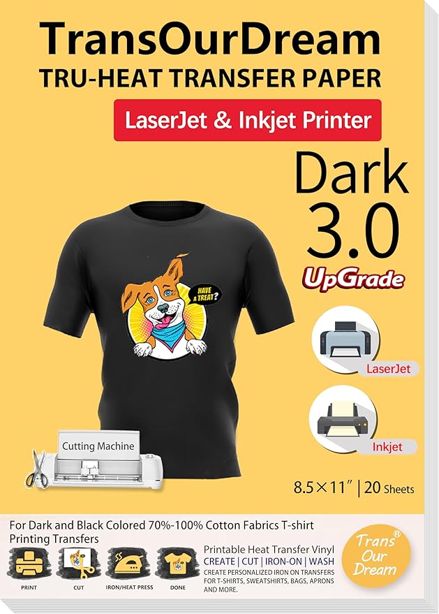 TransOurDream Tru-Heat Transfer Paper for Inkjet & Laserjet Printer (20 Sheets, 8.5x11", Dark 3.0) Printable HTV Heat Transfer Vinyl for T Shirts Iron on Transfers for Dark Fabrics (TRANS-D3-20)