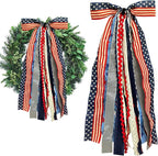 Large Patriotic Star Ribbons Bow for Wreath, Red White Buffalo Plaid Fabric Ribbons Set Assorted Lace Ribbon 4th of July Clip-On Wreath Sash Ribbon Bundle for Patriotic Indoor Outdoor Decor