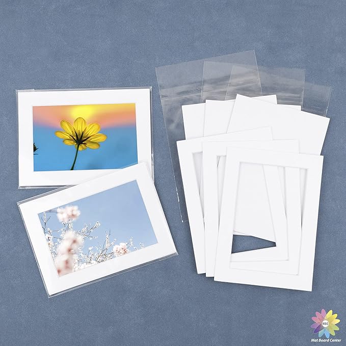 Mat Board Center, Pack of 25, 16x20 for 11x14 White Picture Mat Sets - Acid Free, 4-ply Thickness, Bevel Pre-Cut White Core - Includes Backing Boards and Clear Bags - for Pictures, Photos, Framing