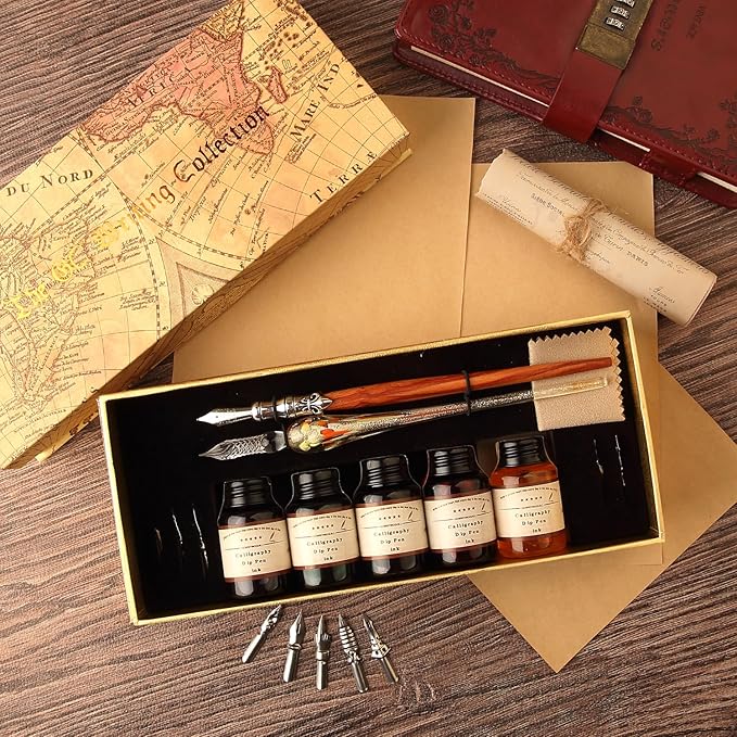 GC QUILL MU-02 Calligraphy Pen Set, Glass Dip Pen and Handcrafted Wooden Dip Pen Gift Set with 5 Colors Calligraphy Ink 6 Nibs, Calligraphy Set for Beginners