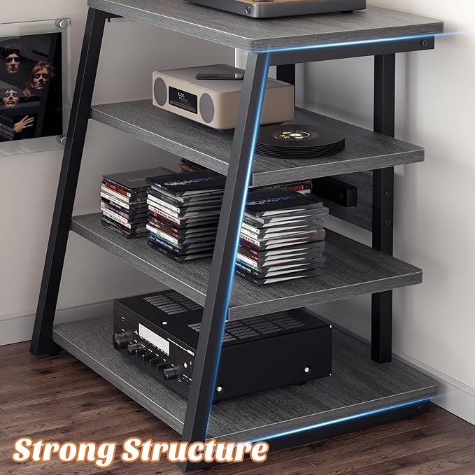 AV Media Stand with Outlets, Media Console with LED Lights, Stereo Racks and Stands with Storage Shelves, Media Audio Tower Stand, Light Grey Walnut