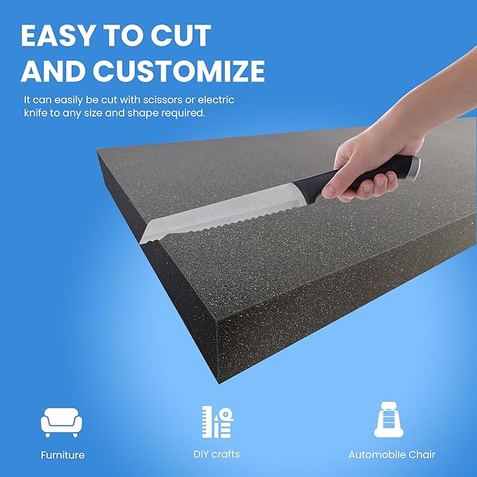 QOMFY 4" Height x 12" Width x 48" Length Charcoal Upholstery Foam Sheet | Made in USA | Multi-Purpose Foam for Upholstery, DIY, Packaging & Acoustic Projects