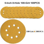 5-Inch 8-Hole Hook and Loop Sanding Discs 100-Grit Random Orbit Sandpaper, 100-Pack