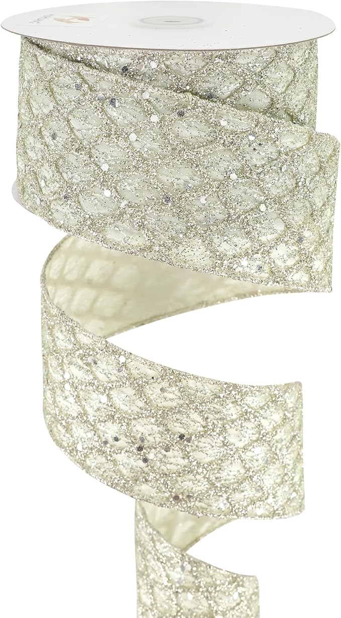 HUIHUANG Champagne Glitter Wired Ribbon for Christmas Tree 2.5 inch Light Champagne Diamond Mesh Ribbon for Tree Decoration, Wreaths, Garland, Gift Wrapping, Bows Making, Home Decor -10 Yards