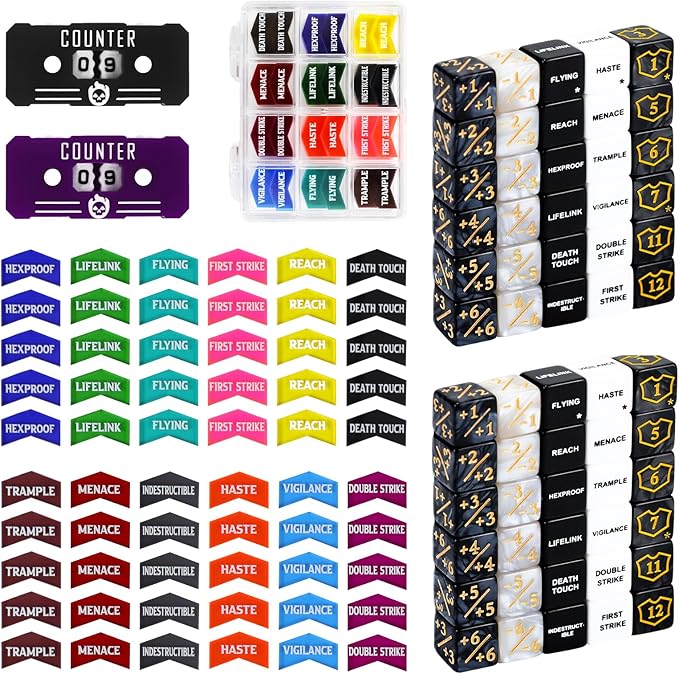 SIXPOINTS 122Pcs MTG Dice Counters Keyword Counters Life Counter 1/+1 counters Commander Buff Tokens 6 Sided Dice Set for Magic The Gathering, MTG, TCG, Card Games Accessories (A-122PCS/SET)