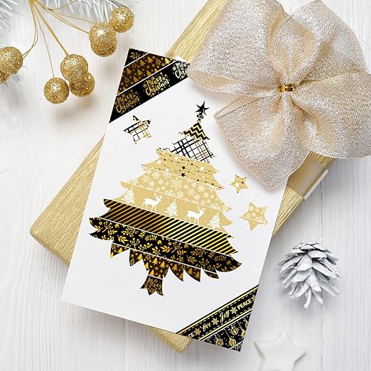 Whaline 12 Rolls Christmas Washi Tape Black Gold Xmas Washi Masking Tape Foil Gold Snowflake Xmas Tree Xmas Tree Ball Plaid Pattern Decorative Tape for Scrapbook Journal DIY Craft Gift Wrapping