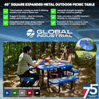 Global Industrial 46" Square Picnic Table, Expanded Metal, Green Thermoplastic Coating, Attached Benches, 1-1/2” Umbrella Pole Hole, Outdoor-Rated, 1000 lb Capacity
