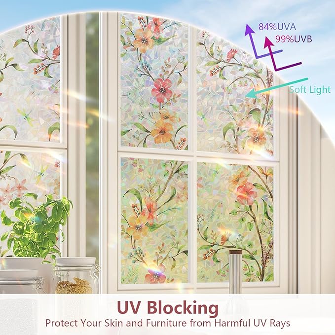 NINETREX Window Privacy Film,Stained Glass Window Film,Rainbow Decorative Stickers Static Cling Anti UV Heat Control for Home Decor (Galsang Flower,23.6 x 78.7inch)