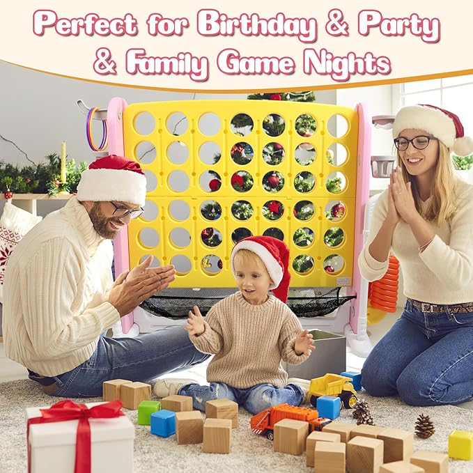 Ancaixin Giant 4 in-A-Row Connect Game Set, Adjustable Height Jumbo Yard Game with Basketball Hoop, Golf, Mesh Pocket & Ring Toss, Indoor Outdoor Family Backyard Party Game for Kids and Adults, Yellow