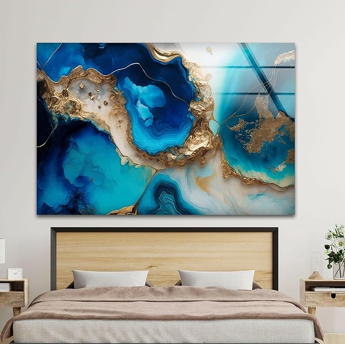 My Photostation.com 48Wx32H'' Blue Alcohol ink Glass Wall ArtTempered Glass Printing Wall Decor Large Wall Art Wall Hangings