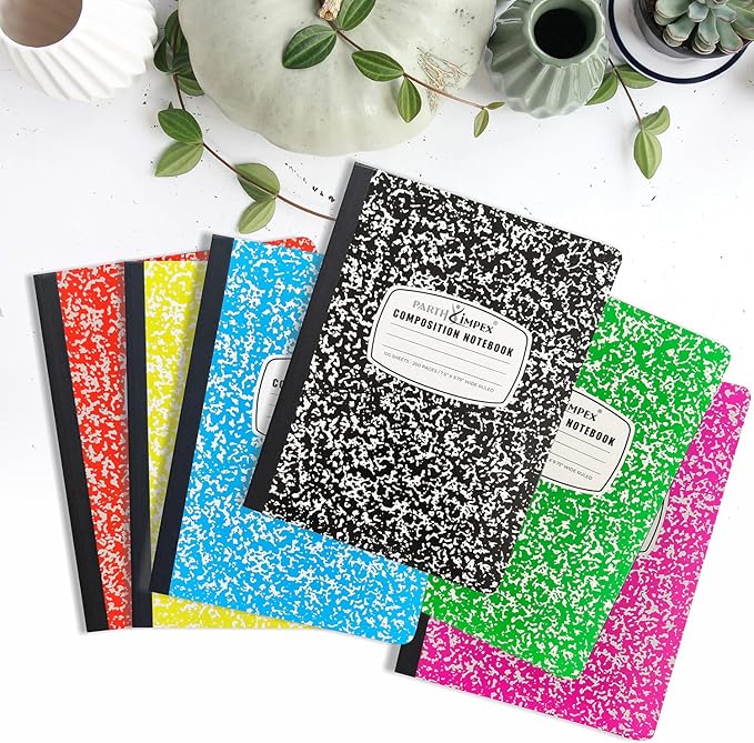 PARTH iMPEX 12 Pack Bulk Composition Notebooks Wide Ruled, 200 Pages (100 Sheets), 9-3/4 x 7-1/2, Hard Cover Wide Ruled Notebooks in 6 Assorted Colors, Composition Notebook For School College Office