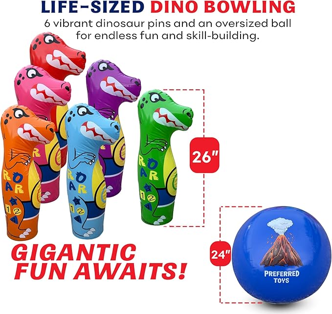 Inflatable Dinosaur Bowling Set for Kids – 6 Giant 26” Pins & 24” Ball – Fun Indoor/Outdoor Game – Educational Motor Skills Toy – Great Birthday Gift – Teaches Numbers, Letters & Shapes