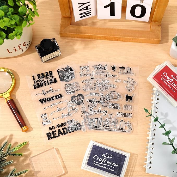 Whaline 4 Sheets Reading Words Clear Stamps Greeting Words Bookcase Bookshelf Silicone Transparent Stamps for DIY Craft Card Making Scrapbooking Embossing Album Decor
