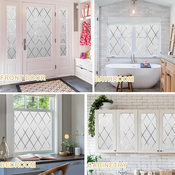 Window Privacy Film Decorative for Front Door, Bathroom Static Cling Stained Glass Sticker Opaque Heat Control UV Blocking Non-Adhesive for Home,Grid 17.5 x 78.7 inches