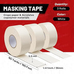 RED WOLF 1.41" x 60 Yards Masking Tape 3 Pack, General Purpose for Painting Arts Crafts Label Car Painting, Sharp Paint Line No Residue Painters Tape White Beige Crepe Paper Tape Heat Resistance