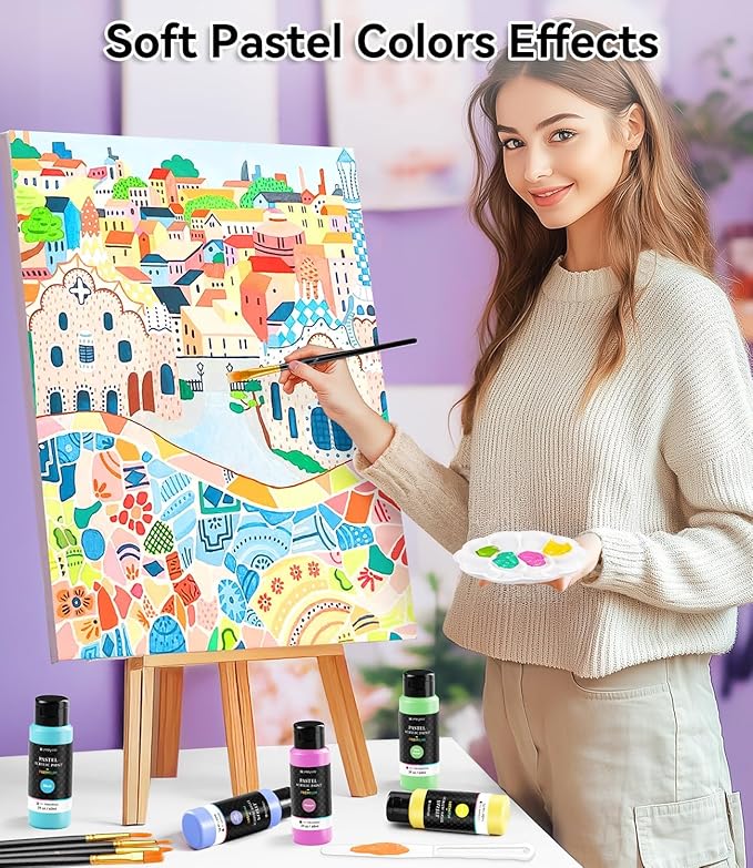 52 PCS Pastel Acrylic Paint Set with 12 Brushes, 2 Knives & Palette, 36 Colors (2oz/60ml) Art Craft Paint for Adults Kids Artists Beginners, Halloween Pumpkin Canvas Ceramic Rock Painting Kit