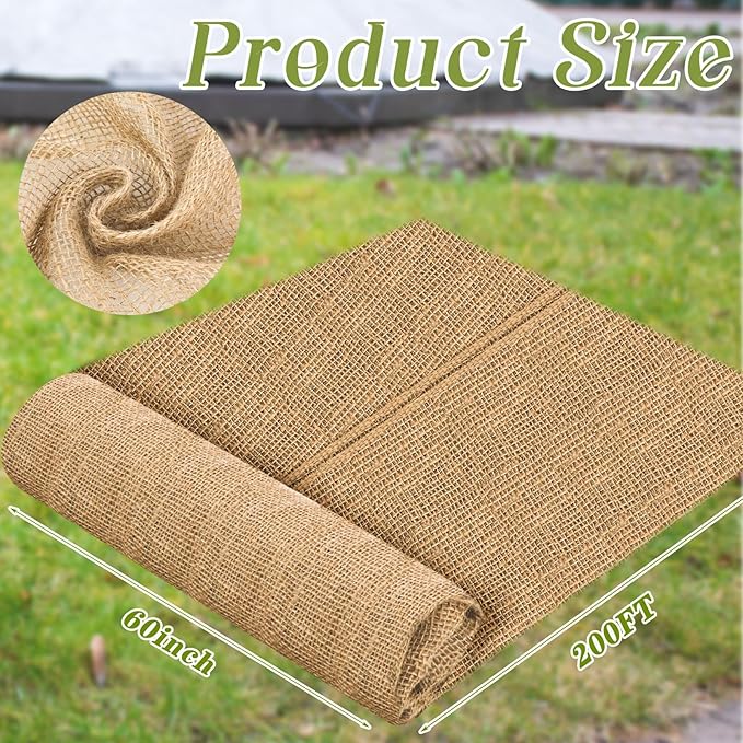 Buryeah Burlap Fabrics Roll Natural Jute Burlap Tree Wraps Protector Winter Frost Plant Blankets Cloth Weed Barrier Fabric Garden Plants for Winter Outdoor Trees Shrubs Party (60 Inch X 200 ft)