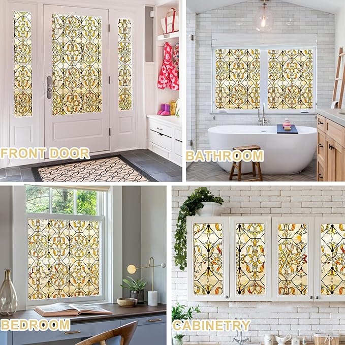 3D Stained Glass Window Privacy Film, Heat Control UV Blocking Static Cling Decorative Window Film for Bathroom,Front Door,Home Non Adhesive,GiltGaze 16.9 x 78.7 inches