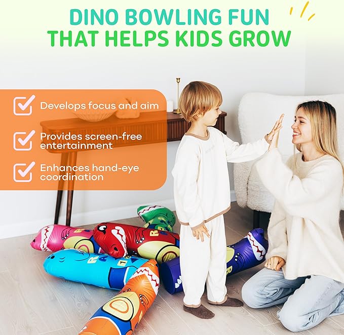 Inflatable Dinosaur Bowling Set for Kids – 6 Giant 26” Pins & 24” Ball – Fun Indoor/Outdoor Game – Educational Motor Skills Toy – Great Birthday Gift – Teaches Numbers, Letters & Shapes