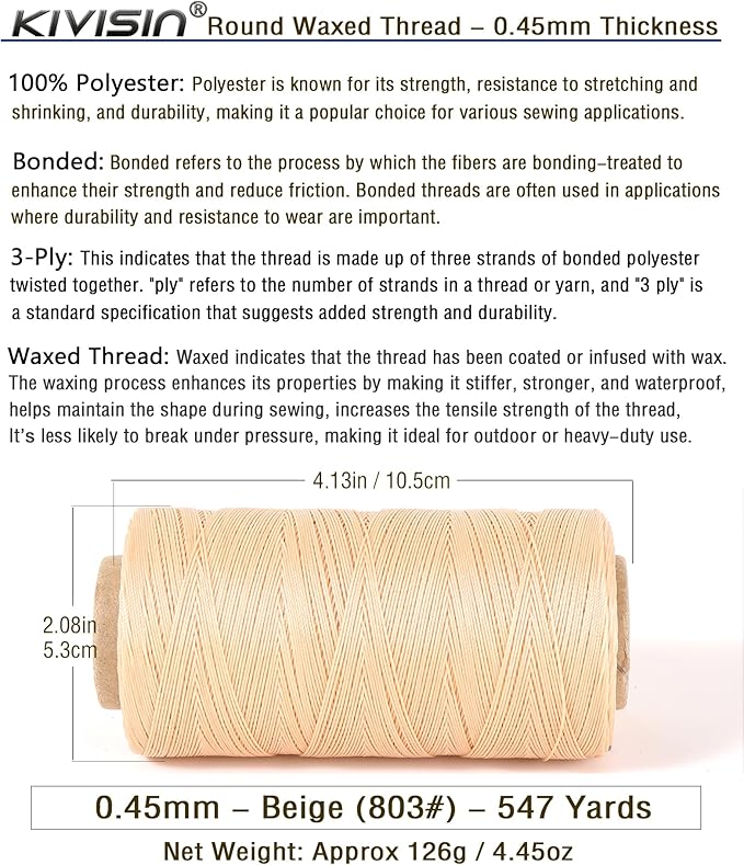 Thin Wax Polyester Thread, 0.45mm, 547 Yards, 3 Ply Round Waxed Cord Strings for Sewing, Beading, Binding, Micro Braiding, Fine Leather Craft and Micro Macrame Jewelry - Beige