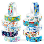 12 Rolls Blue Ocean Washi Tape, Underwater World Masking Tapes, Sea Animal Cartoon Decorative Tape for Arts, DIY Crafts, Journals, Planners, Scrapbook, Wrapping 16.4FT