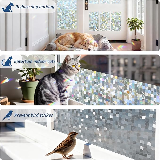 rabbitgoo Stained Glass Window Privacy Film Mosaic Pattern, Frosted Glass Window Film Rainbow Decorative Sticker, Static Cling UV Blocking Suncatcher for Home, 17.5 x 157.4 Inches