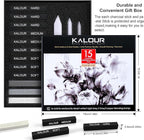 KALOUR 15 Pro Compressed Charcoal Drawing Set with Blending Stumps- Soft,Medium,Hard and White Charcoal - Charcoal Sticks for Drawing Sketching Shading - Art Supplies for Artists Beginners Adults