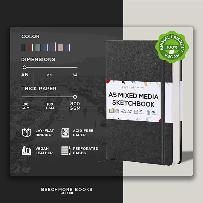 Beechmore Books A5 Sketch Book – 5.8"x8.3" Premium Vegan Leather Hardcover Sketchbook, 96 Thick 300gsm Perforated Ivory Pages, Ideal for Sketching, Watercolor & Mixed Media, Includes Back Pocket