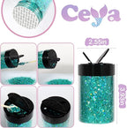 Ceya Holographic Chunky Glitter, 4.9oz/ 140g Cyan Craft Glitter Powder Mixed Fine Flakes Iridescent Nail Sequins for Nail Art, Hair, Epoxy Resin, Tumblers, Slime, Painting, Festival Decor