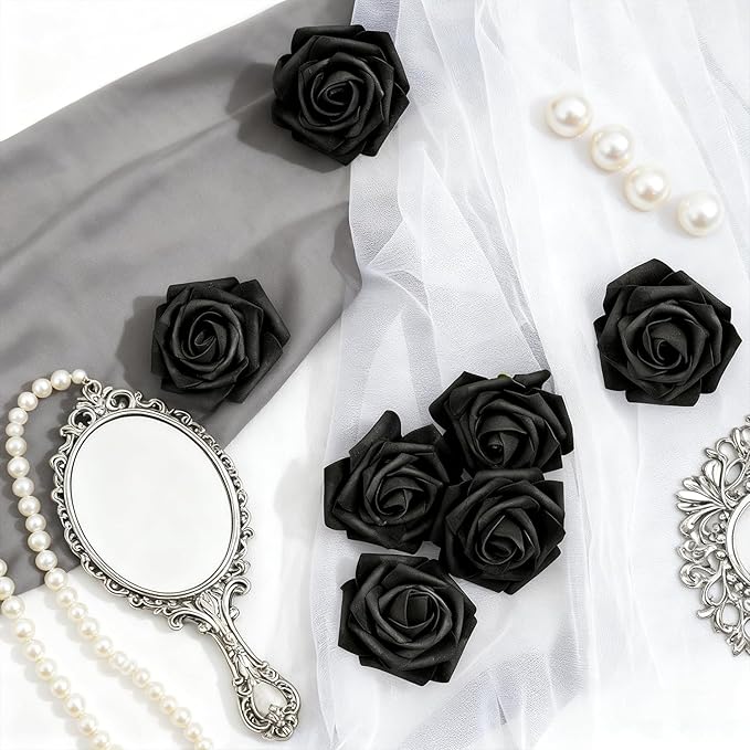 Artificial Flowers Foam Fake Roses 25pcs Black Roses with Stems for Home Decor DIY Wedding Bouquets Party Bridal Shower Centerpieces Faux Flower Arrangements Tables Decorations