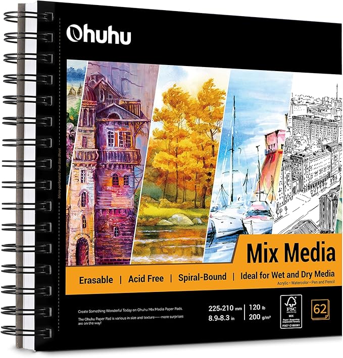 Mix Media Pad, Ohuhu Mixed Media Art Sketchbook, 120 LB/200 GSM Heavyweight Papers, 62 Sheets/124 Pages, Spiral Bound Mixed Media Paper Pad for Christmas Gift