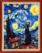 Stamped Cross Stitch Kits - Beach Night Landscape Counted Cross Stitch Kits for Beginners Adults Needlepoint Cross-Stitch Patterns-Van Gogh Starry Cat 16x20 inchs