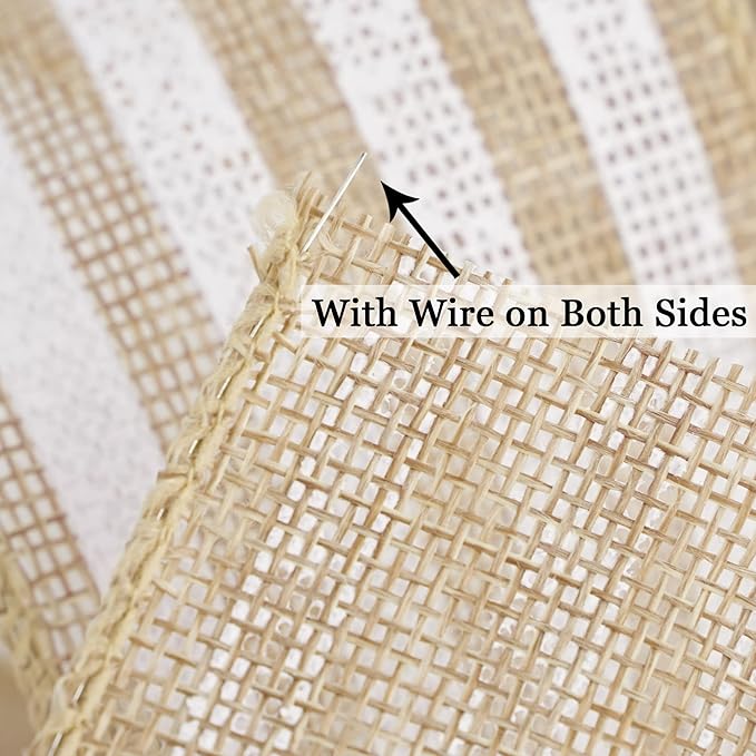 MEEDEE Burlap Wired Ribbon with White Stripe - 2.5 Inch Wired Ribbon for Cakes, Gift Baskets, Wreaths, Rustic Decor, Baby Showers, Beach, Farmhouse, 10 Yards