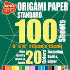 [Taro's Origami Studio] Standard 6 Inch One Sided 20 Colors 100 Sheets Square Easy Fold Premium Japanese Paper for Beginner (Gold and Silver Included) Made in Japan