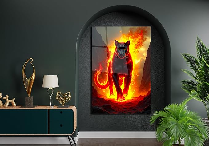SpiritualHands Fiery Black Panther Glass Wall Art Painting for Living Room, Tempered Glass Modern Prints Decor, Large Vivid Color Panel for Bedroom, Kitchen, or Office