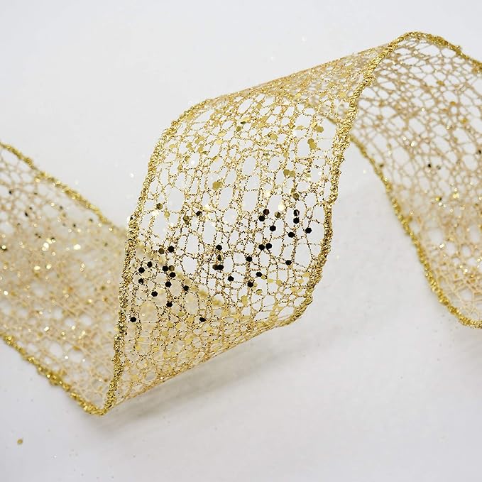 CT CRAFT LLC Sparkling Glitter Mesh Wired Ribbon 2.5" x 10 Yards Gold for Christmas Home Decor Bow Gift Wrapping DIY Crafts Wreath