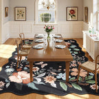 Beeiva Washable Rugs 8x10 for Living Room - Scalloped Floral Printed Soft Non Slip 8 x 10 Area Rug for Dining Room Boho Flower Ultra-Thin Aesthetic Carpet for Kids Room Dorm Office(Black,8x10ft)