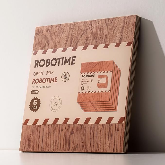 ROBOTIME 3mm Plywood for Laser Cutting, 6 Pcs Bubinga 1/8 Plywood Sheets, Crafting Wood for DIY Projects, Thin Bubinga Wood Sheets Laser Engraving Material, 12" x12“