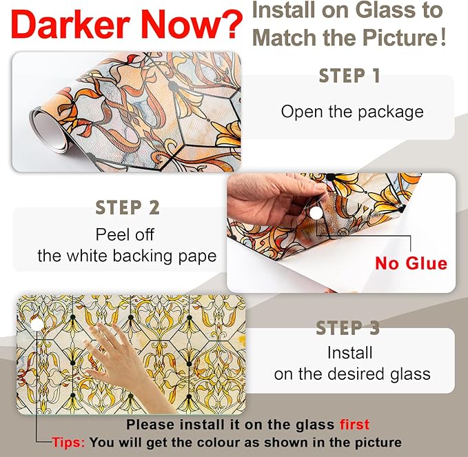 3D Stained Glass Window Privacy Film, Heat Control UV Blocking Static Cling Decorative Window Film for Bathroom,Front Door,Home Non Adhesive 16.9 x 78.7 inches Golden Filigree