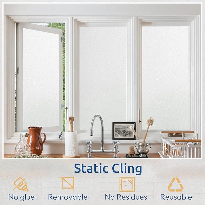 rabbitgoo Window Privacy Film, Non-Adhesive Frosted Glass Window Film for Bathroom, Static Cling Heat Blocking Stickers for Home Indoor Opaque Frosting Coverings House Tint, Matte White 23.6" x 157"