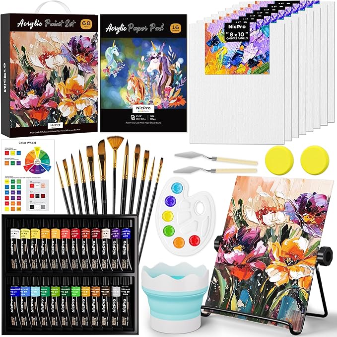 Nicpro 68PCS Acrylic Paint Canvas Set for Adults, Art Painting Supplies Kit with 24 Acrylic Paints,Table Easel,8 Canvas Panels,12 Brushes,Paper Pad,Cleaning Cup, Sponge, Palette for Beginner Artist