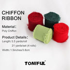 TONIFUL 4 Rolls Silk Chiffon Ribbon 1-1/2 Inch x 22 Yards, Red and Green Handmade Fringe Silk Ribbon Set for Gift Wrapping Flowral Bouquets Crafts Halloween Christmas Wreath Tree and Party Decoration