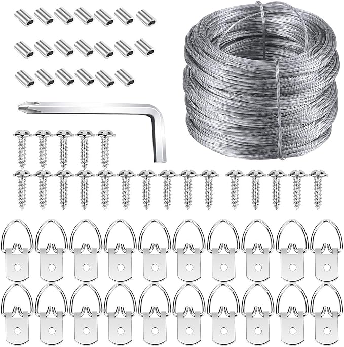 Picture Hanging Kit, Listenman D Ring Picture Hangers with Screws, Picture Hanging Wire(100 Feet) and Aluminum Sleeves, Supports up to 30 lb, Included Screwdriver