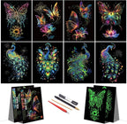 Scratch Paper Art for Adults-Glow in The Dark Scratch Painting Craft Kit (8 Sheets A4)|Foil Engraving Art Set|Stress Relief Gift for Craft Lovers|Creative Scratch Art Home Decor(Butterfly&Peacock)‌