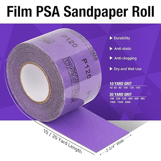 220 Grit PSA Purple Film Ceramic Sandpaper Roll, 2-3/4" Wide Continuous 20 Yard Longboard Sanding Roll Wet Dry Sanding Blocks Self Adhesive Sticky Back Sanding Sheets for Woodworking Automotive