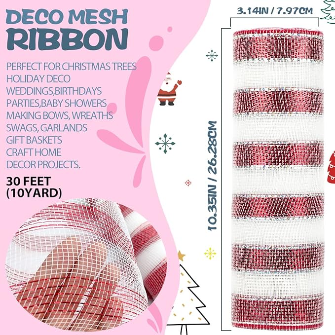 Anivia Deco Mesh Ribbon, 10inch x 30 Feet Each Roll Metallic Foil Mesh Ribbon for Wreaths Swags, Holloween, and Christmas Tree Decoration (Red&White)