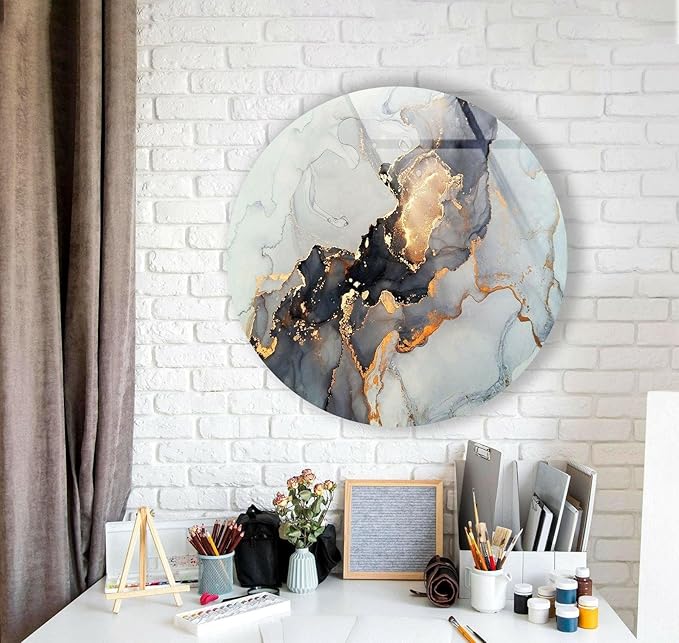 My Photostation.com 20''(50cm) Diameter Gold Details Gray Marble Round Glass Wall Art Tempered Glass Printing Wall Decor Large Wall Art Wall Hangings